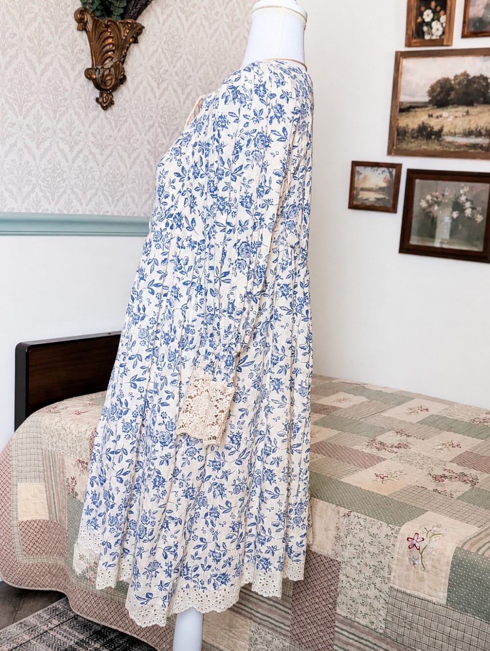 NWT Olivaceous Blue Floral Cotton Cottagecore Lace Midi Dress L - Picture 4 of 9